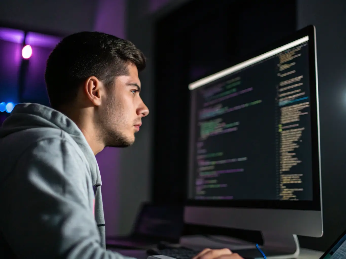 A software developer working on a complex code interface, with multiple screens displaying different aspects of the project, highlighting the complexity and depth of software development.