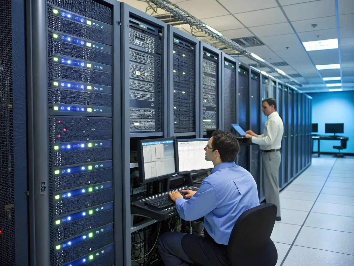 A server room filled with blinking lights and advanced hardware, representing the infrastructure and technology behind cloud computing, with engineers monitoring the systems.