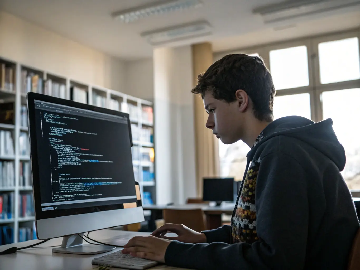 A student in a modern classroom setting, deeply focused on a coding project displayed on a large monitor, with other students collaborating in the background, symbolizing a collaborative and advanced learning environment.