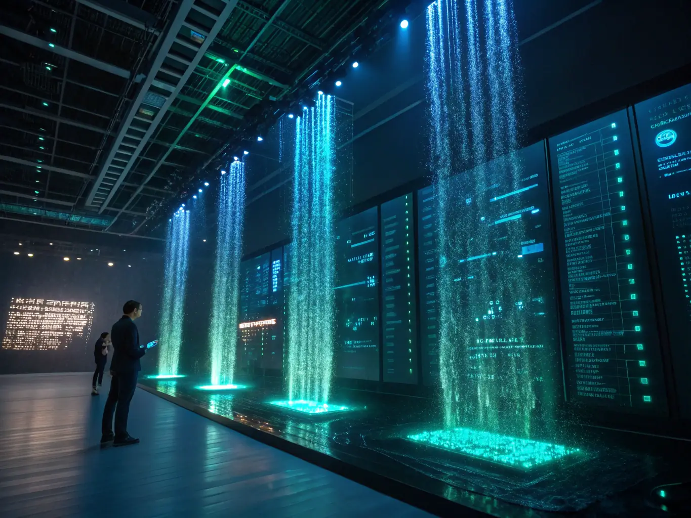 A futuristic interface showing data streams and algorithms, representing the integration of AI and cloud computing in modern applications.