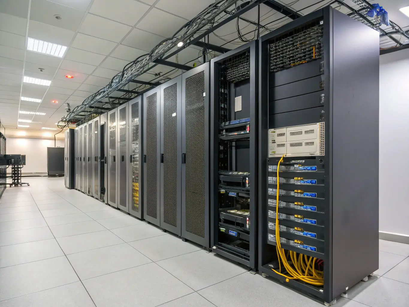 A server room with blinking lights and complex network cables, symbolizing the cloud computing module and its infrastructure.