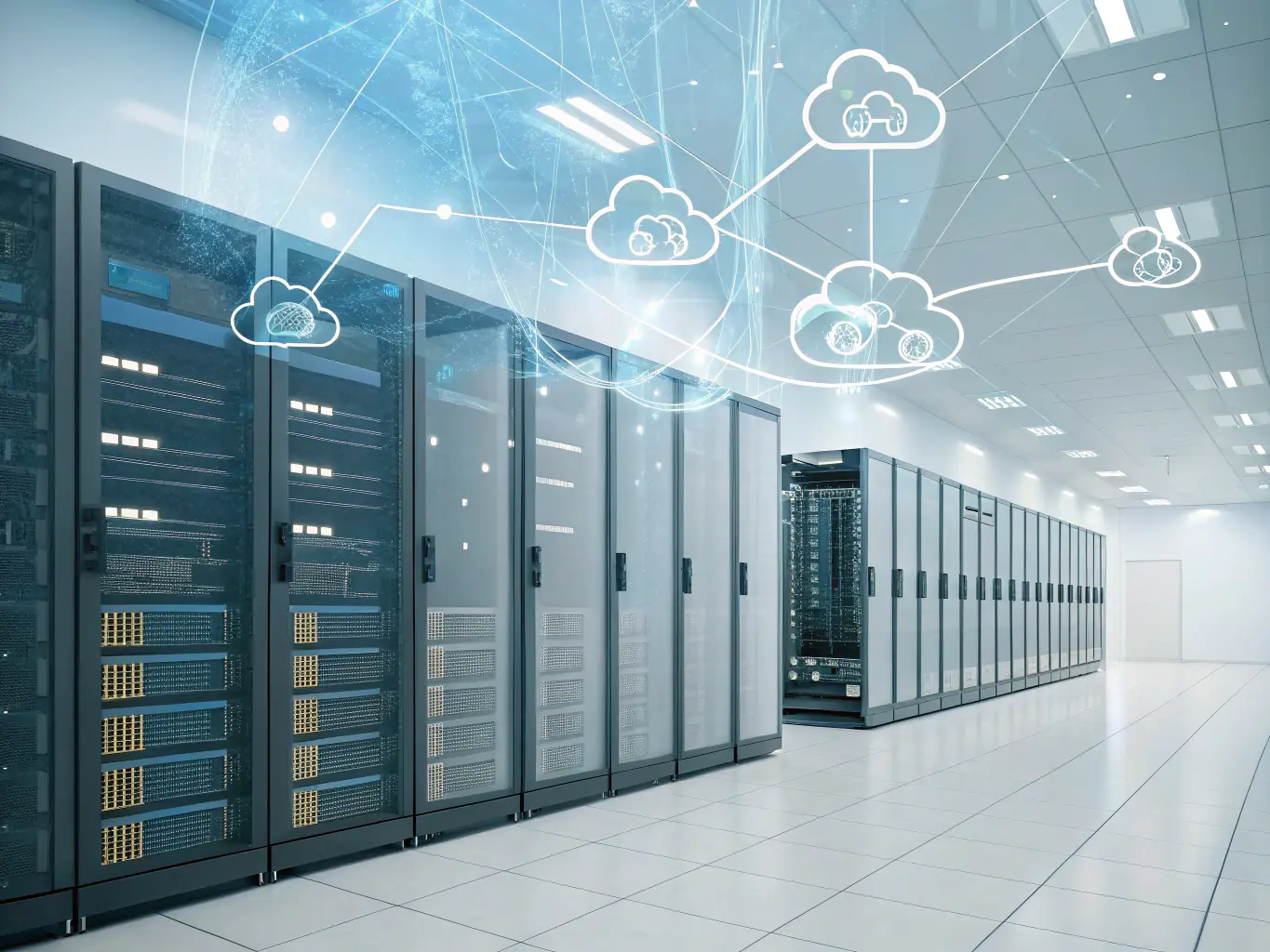 A dynamic image of cloud servers and data streams, symbolizing cloud computing technology, with the nextstep.site logo subtly integrated.