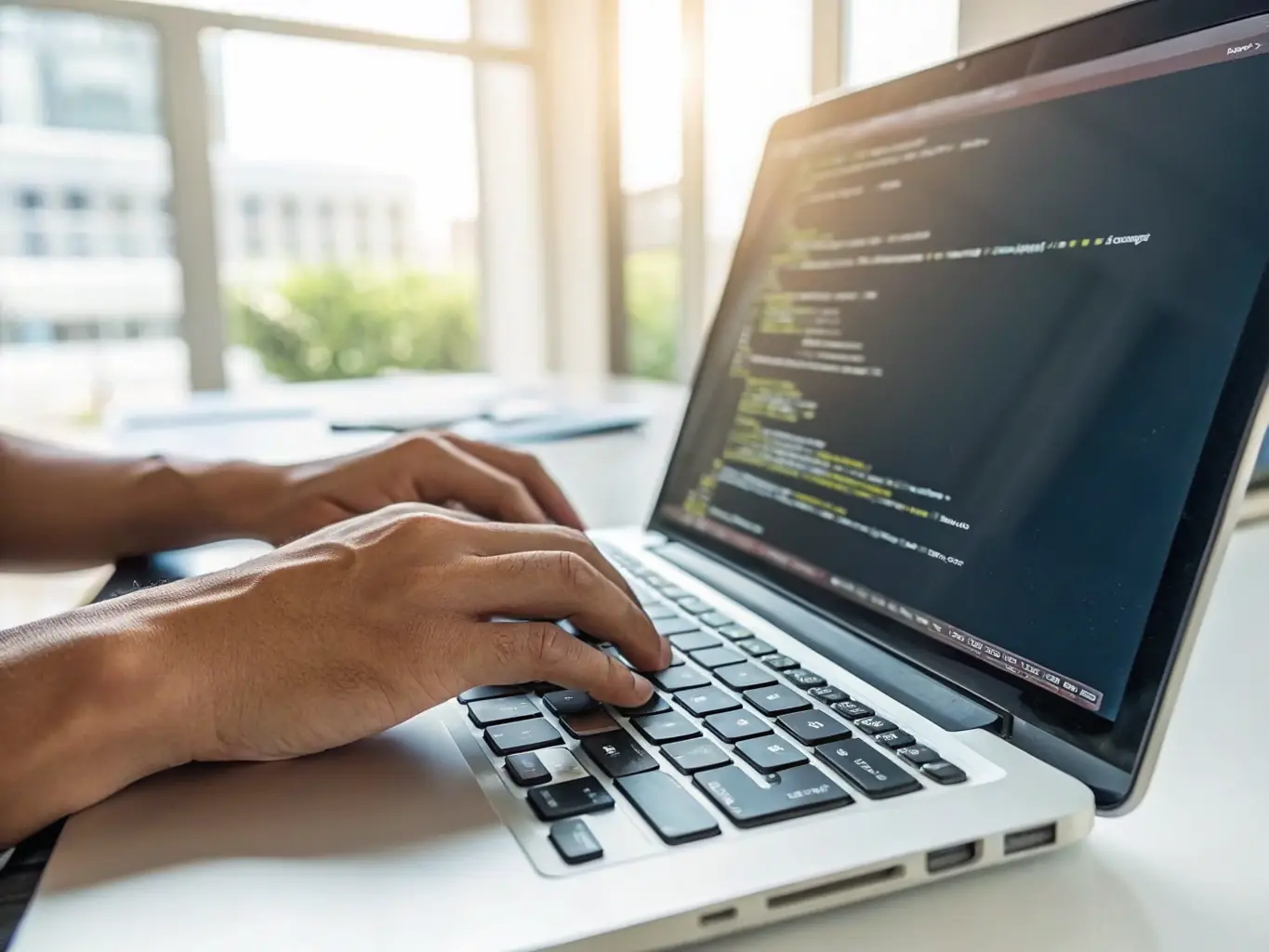 A clean, professional image of a software developer writing code, with a focus on hands-on keyboard activity and a bright, modern office environment at nextstep.site.