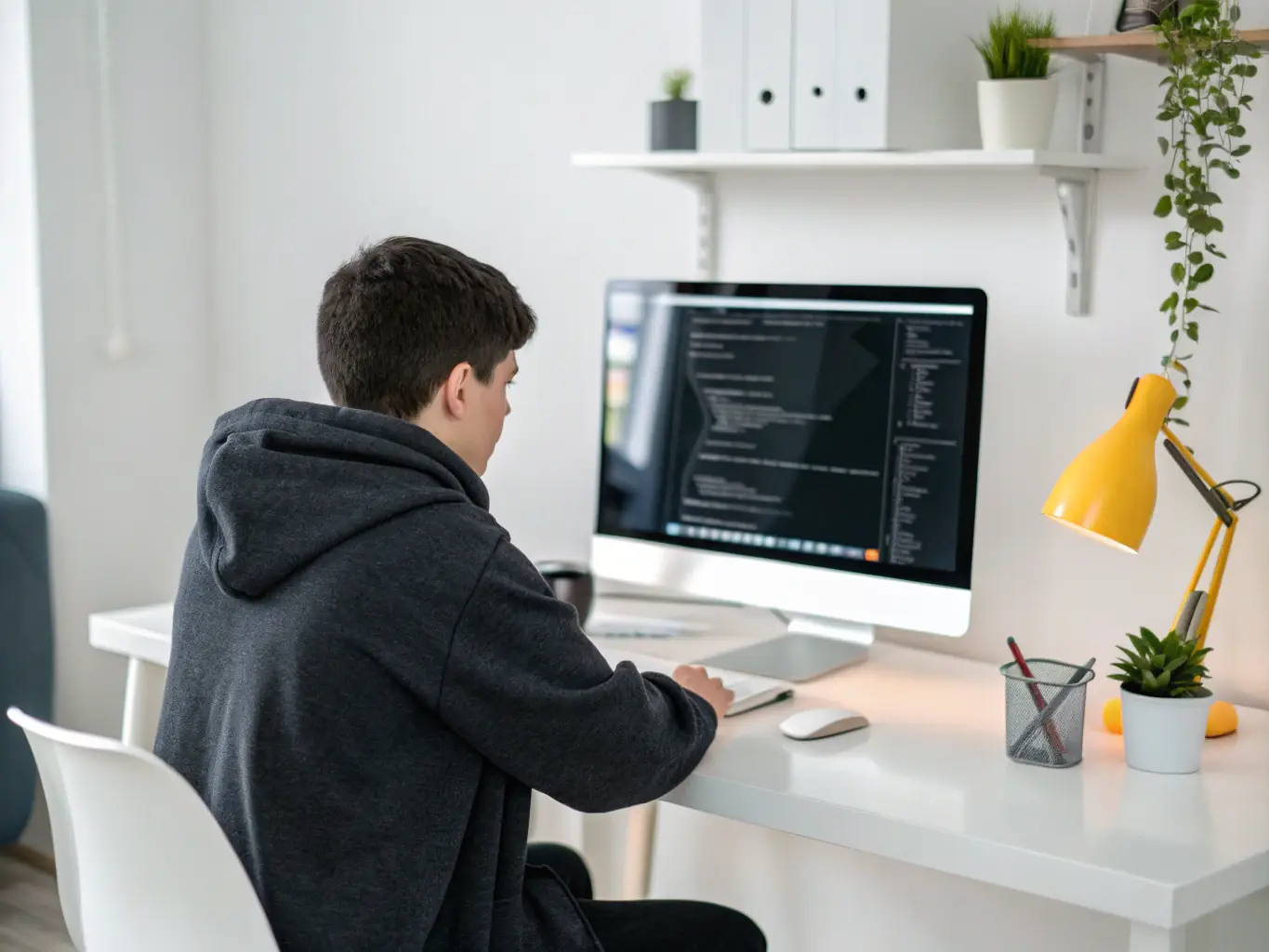 A focused student coding at a modern desk, surrounded by multiple monitors displaying complex code, in a well-lit, collaborative workspace at nextstep.site.